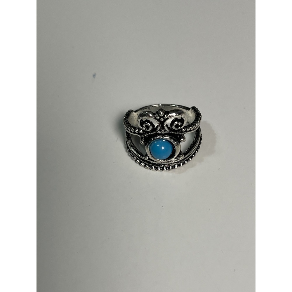 Boho Silver Tone Blue Faux Turquoise Statement Ring Ornate Scrollwork Design